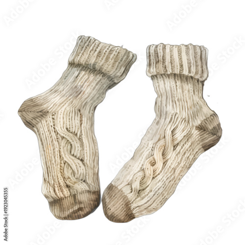 Vintage Watercolor Cable-Knit Wool Socks - Cozy Hand-Knitted Winter Footwear Clipart, Antique Slipper Socks Illustration for Digital Scrapbooking and Junk Journals
