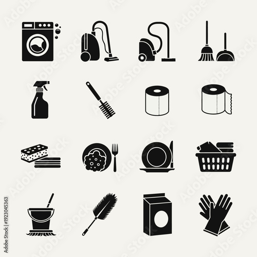 Collection of household cleaning supplies and tools.