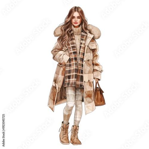 Chic Winter Fashion Illustration - Cozy Woman in Plaid Teddy Coat, Cable Knit Sweater, and Tall Suede Boots Clipart for Digital Planners and Scrapbooking
