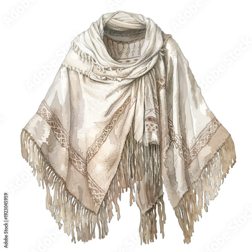 Bohemian Cream Fringed Poncho - Watercolor Tribal Style Shawl Clipart, Rustic Native Inspired Wrap with Tassels and Decorative Embroidery for Digital Crafting