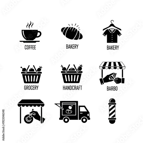 Collection of Icons Representing Small Businesses and Services.
