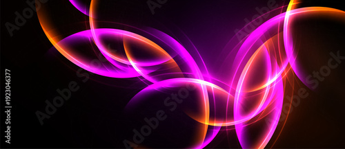 Abstract design features vibrant purple, orange curves. Dynamic flow creates modern, energetic visual impact. Dark background enhances luminosity.