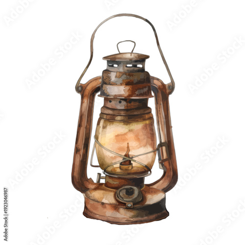 Vintage rusty oil lamp with glowing flame in watercolor style