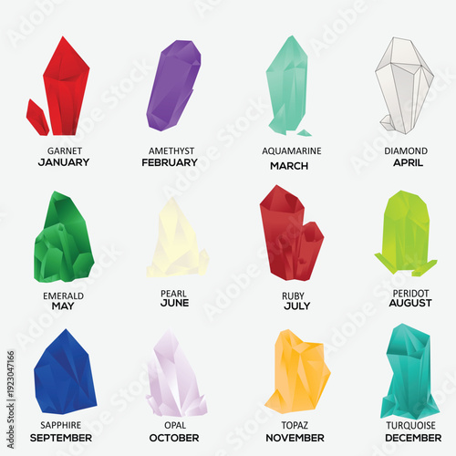 Colorful birthstone gemstone collection with month names, crystal minerals birth month gems vector illustration set isolated on background