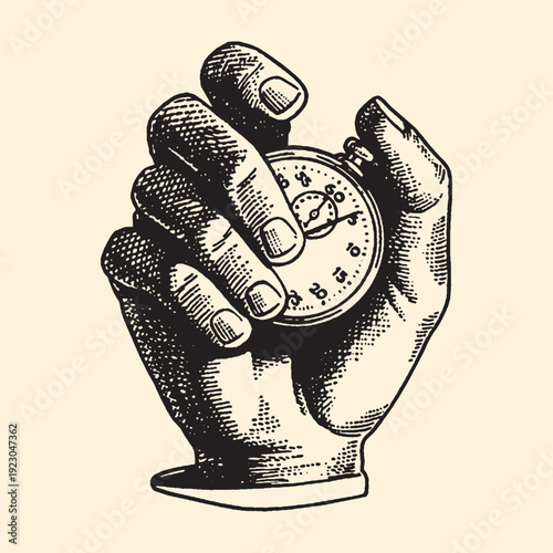 Vintage black and white illustration of a hand tightly gripping a stopwatch, symbolizing time