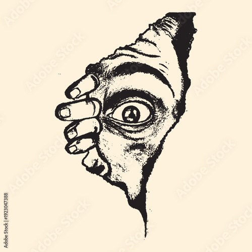Dramatic black and white illustration of a peeking eye revealed by a torn, peeling surface