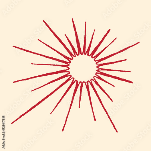 Abstract red sunburst or starburst radiating lines from a central point, on a cream background