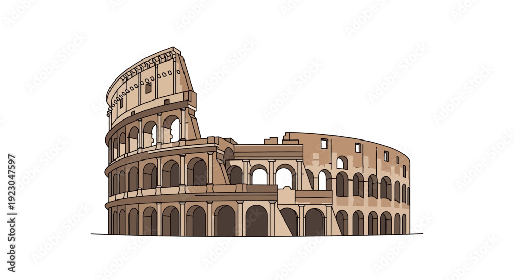 Naklejka premium Flat vector illustration of the Roman Colosseum in perspective view, detailed arches and ancient stone texture, warm earthy color palette, clean line art, minimal shading, isolated on light background
