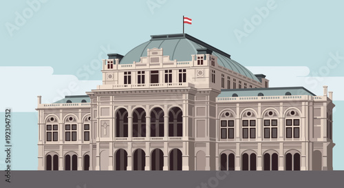 Historic government building with Austrian flag flying high