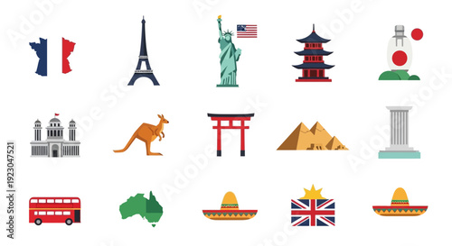 Vibrant icons of famous landmarks and cultural symbols worldwide