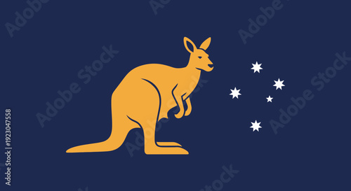 Australian flag with kangaroo and stars on blue background