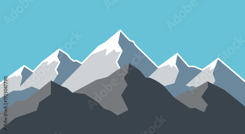 “Flat vector illustration of mountain landscape with layered peaks, minimalist geometric shapes, clean line art, soft pastel sky, modern flat design style, natural scenery concept, outdoor adventure t