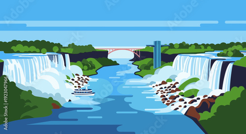 Foto Flat vector illustration of Niagara Falls, wide panoramic waterfall landscape, f