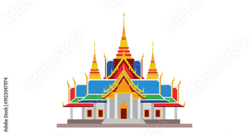 Wallpaper Mural Flat vector illustration of traditional Asian temple building, colorful Thai style architecture, golden roof ornaments, symmetrical facade, isolated on white background, clean design, high detail, vib Torontodigital.ca