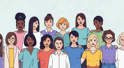 Diverse group of women standing together in unity and solidarity with colorful clothing