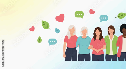 Diverse group of people standing together with hearts and speech bubbles