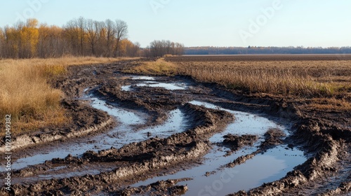 Muddy tire tracks with water puddles across a rural farm field with clear sky