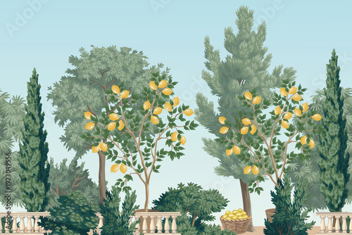 Italian landscape, cypress tree, lemon tree , palms seamless border. Summer mural.	