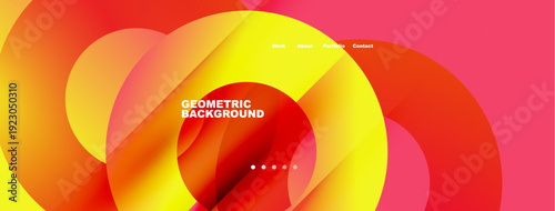 Abstract vibrant design. Orange, yellow, pink hues blend. Text displays work, about, portfolio, contact options. Geometric shapes dominate composition.