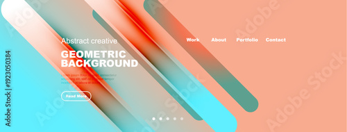 Abstract geometric design. Gradient colors blend, creating modern visual appeal. Text elements present portfolio information.