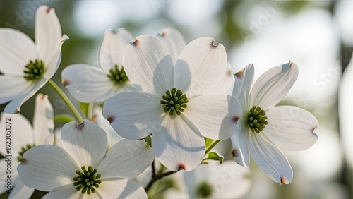 Close up of white flowers with green centers against a blurred background