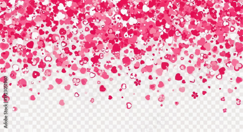 Pink floral confetti scattered on white background with transparent overlay