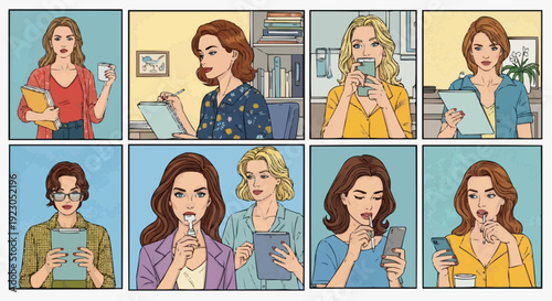 Women using smartphones and tablets in various settings focused on technology and communication