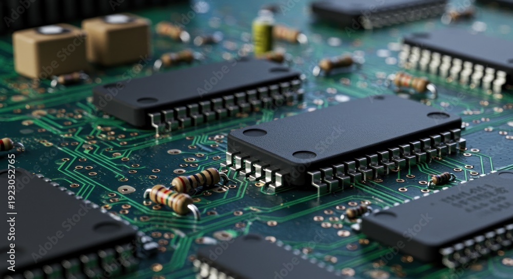 Fototapeta premium Electronic circuit board with microchips and components close up view technology background