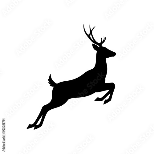 Silhouette of a leaping deer with antlers.