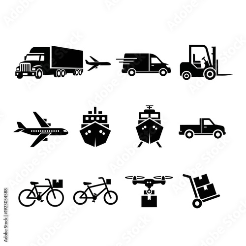 Collection of transportation and delivery icons.