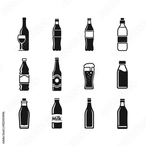 Collection of various beverage bottles and glasses icons.