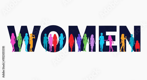 Colorful 'women' text with diverse silhouettes inside letters on white background