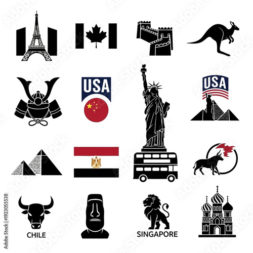 Collection of World Landmarks and Cultural Symbols.