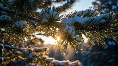 Snow covered evergreen branches illuminated by sunlight nature scene