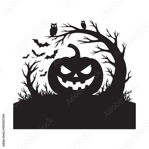 Spooky Halloween pumpkin lantern with a smiling face, black cat silhouette, and bats flying under the moon at night vector illustration
