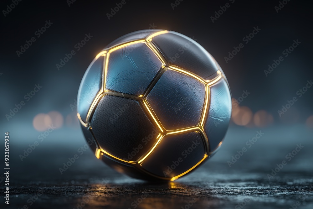 Fototapeta premium Futuristic white soccer ball with glowing blue neon lines on wet pavement