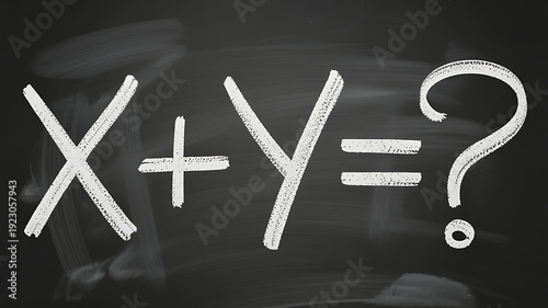 White chalk mathematical equation x plus y equals question mark on blackboard background for education and problem solving concept
