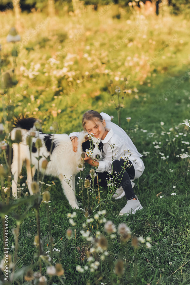 Fototapeta premium Girl playing with dog in wildflower meadow during golden hour