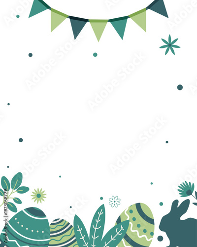 Vertical Easter background with bunting garland at the top and decorative eggs with rabbit silhouettes at the bottom. Clean copy space layout ideal for greeting cards and social media posts
