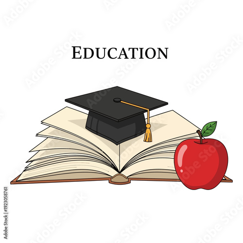 Education Symbolism Graduation Cap Open Book Red Apple.