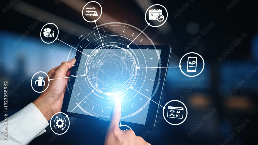 Obraz premium Predictive maintenance icons for industry, automation, smart factory and manufacturing showing data analysis, monitoring, robotics and system optimization with advanced maintenance solutions. Gist