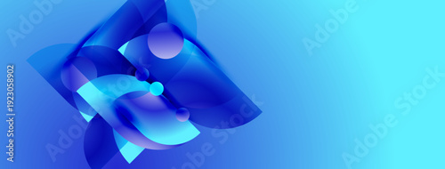 Abstract blue shapes overlap, creating dynamic composition. Gradient background enhances visual depth, modern aesthetic.