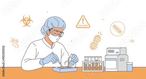 Scientist Working in Lab with Medical Equipment and Allergy Symbols