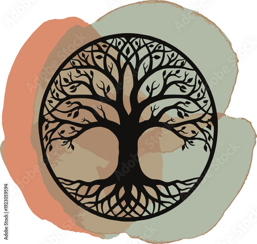 A vintage vector illustration of a round floral apple tree with blossoms and roots forming a brain silhouette design element for a tribal tattoo or nature symbol