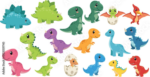 Cute cartoon dinosaur collection, colorful baby dino characters with eggs and pterodactyl, vector illustration set for kids