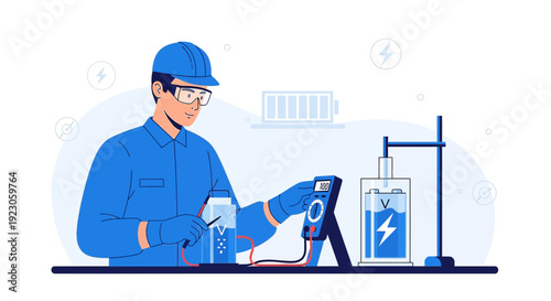 Technician Testing Battery Energy Storage System with Multimeter