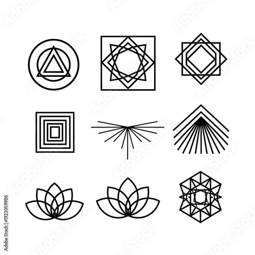 Geometric Sacred Symbols and Lotus Flowers.