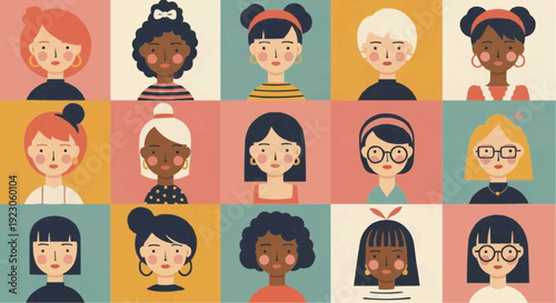 Diverse group of women with different skin tones and hairstyles in colorful squares