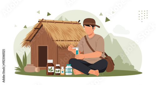Traditional Medicine Preparation by a Man in a Rural Village Setting