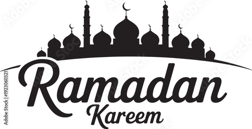 Black and white silhouette of mosque domes with Ramadan Kareem text minarets